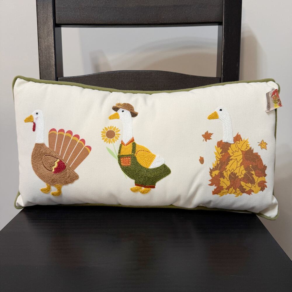 Fall Goose Pillow Embroidered - Home Accent Decor Porch Goose